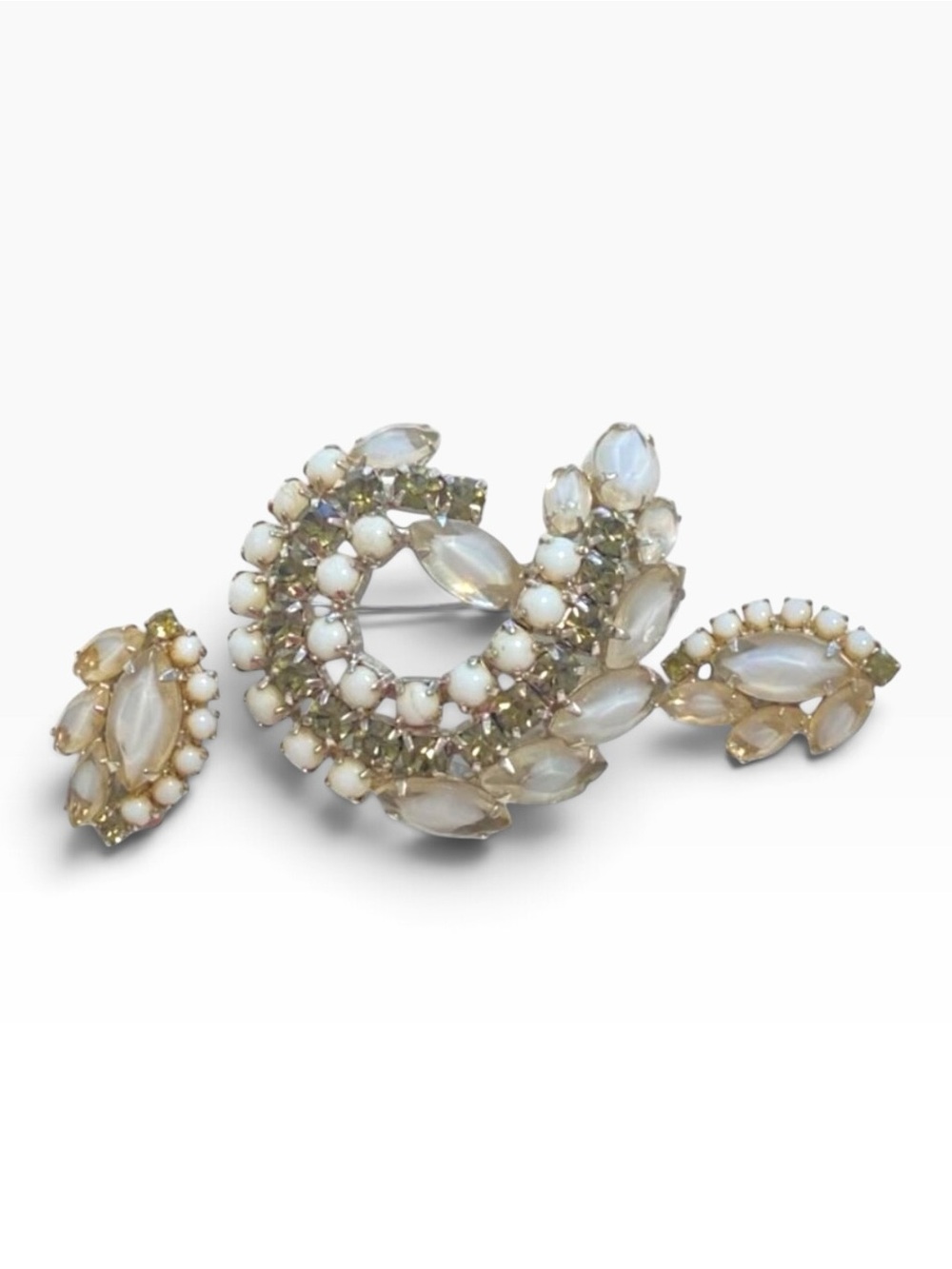 Vintage Mid-Century Rhinestone & Milk Glass Brooch & Clip-On Earrings Set